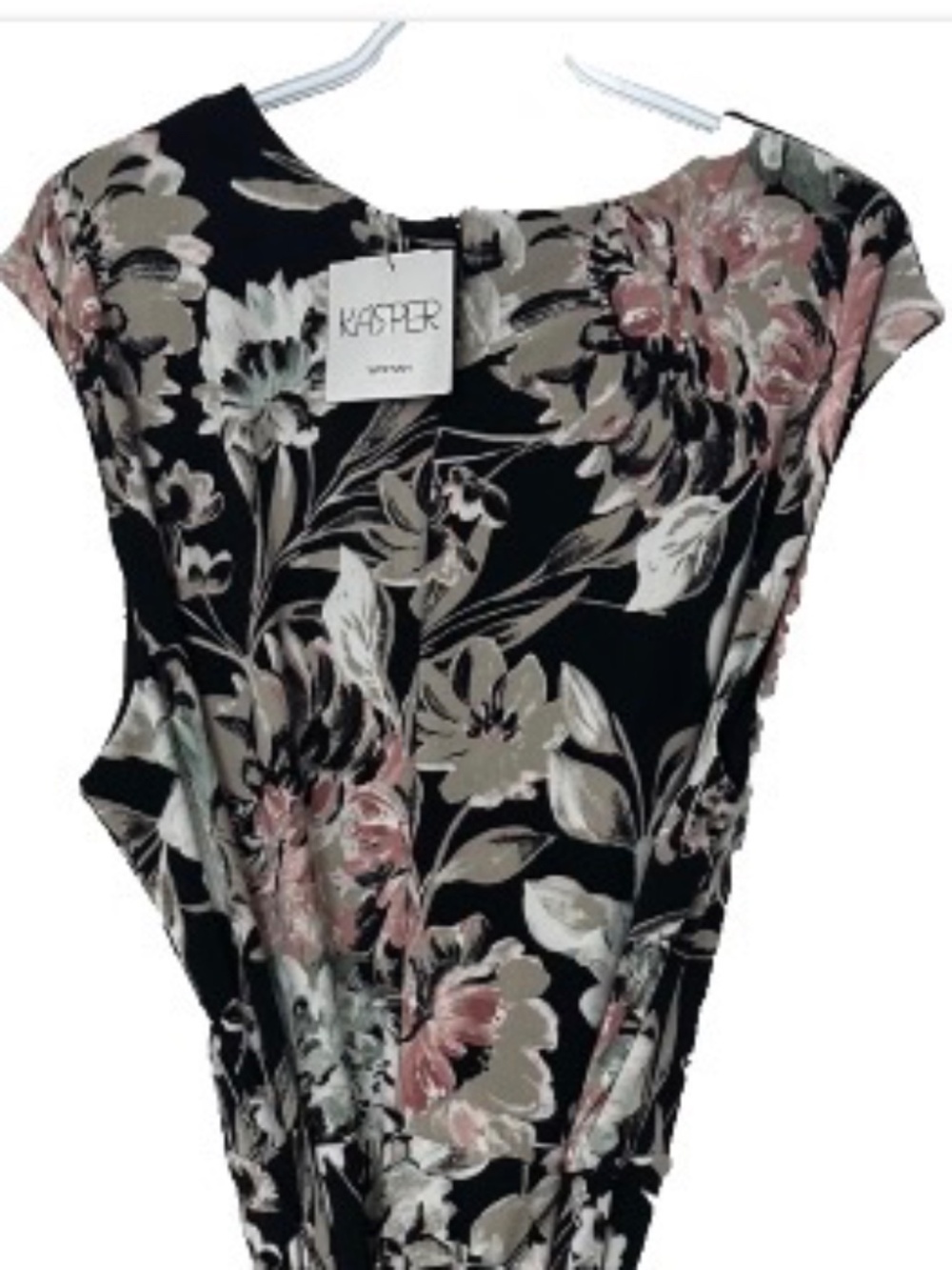 Kasper Women’s 20W Black and Pink Floral Print Pleated Neck Key Hole Midi Dress